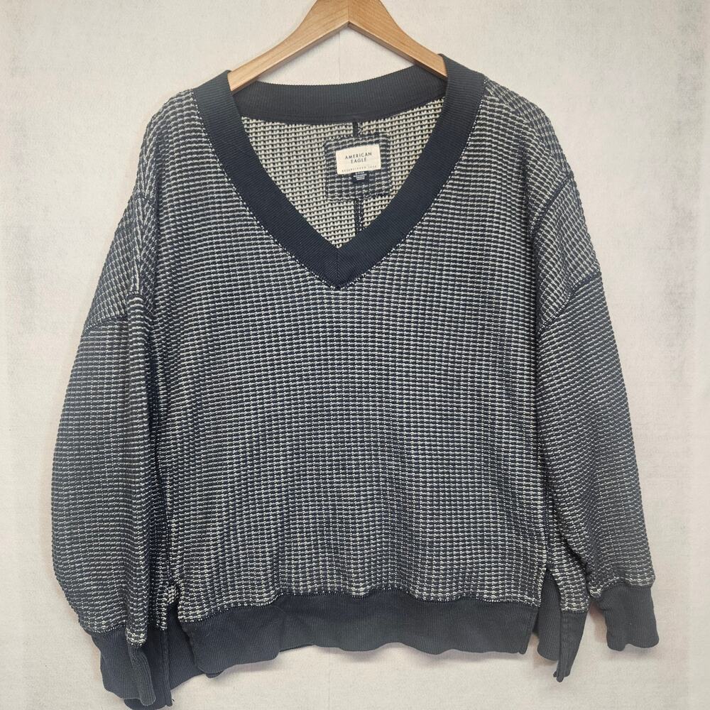 American Eagle Blue Textured V-Neck Pullover Sweater Size Small